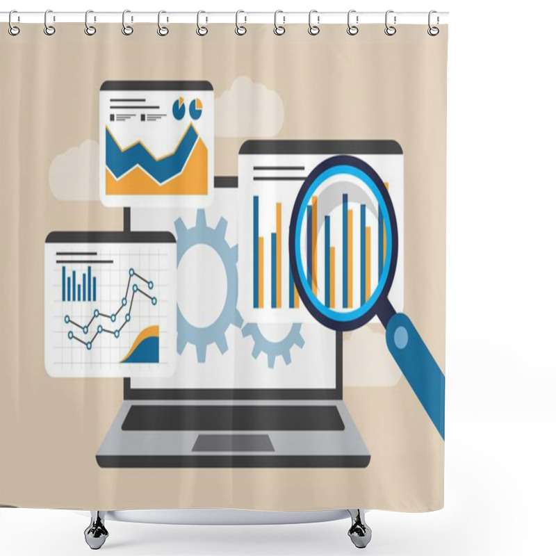 Personality  A Sleek Data Analytics Illustration Showcasing Bar Charts, Line Graphs, And Pie Charts On A Digital Interface With Cloud And Magnifying Elements. Perfect For Business Reporting, Technology. Shower Curtains