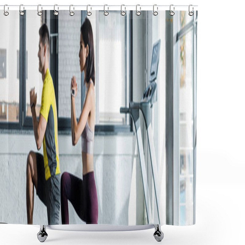 Personality  Panoramic Shot Of Sportsman And Sportswoman Doing Lunges In Sports Center Shower Curtains