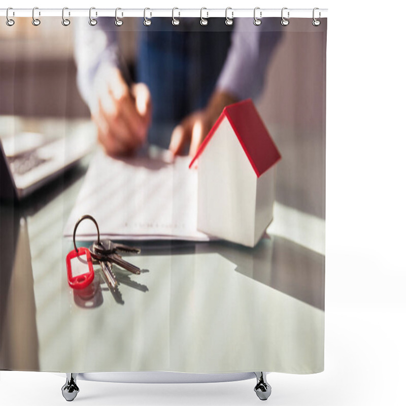 Personality  Close-up Of House Model And Key Near Human Hand Signing Contract Shower Curtains