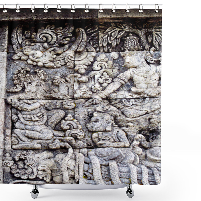 Personality  Relief Or Carving On The Stone Wall At Penataran Temple Shower Curtains