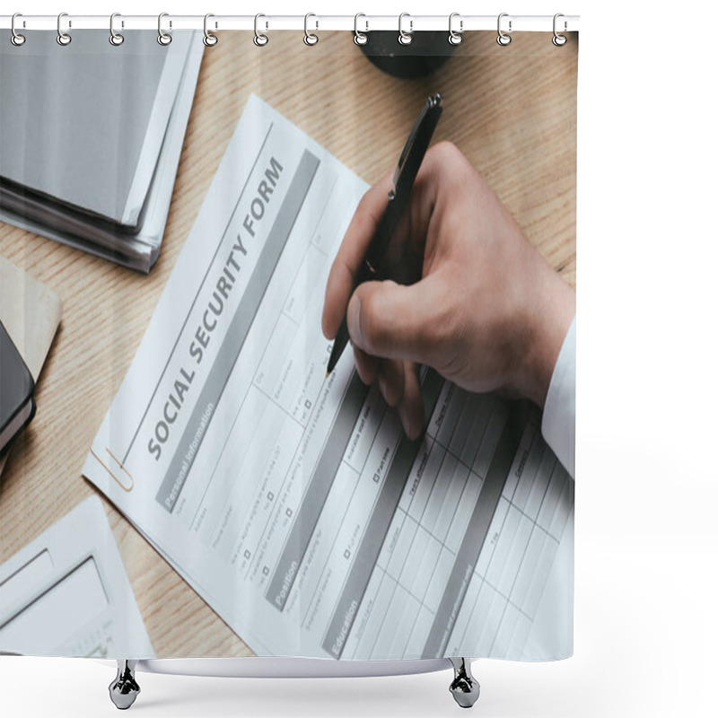 Personality  Cropped View Of Man Filling In Social Security Form Concept Shower Curtains