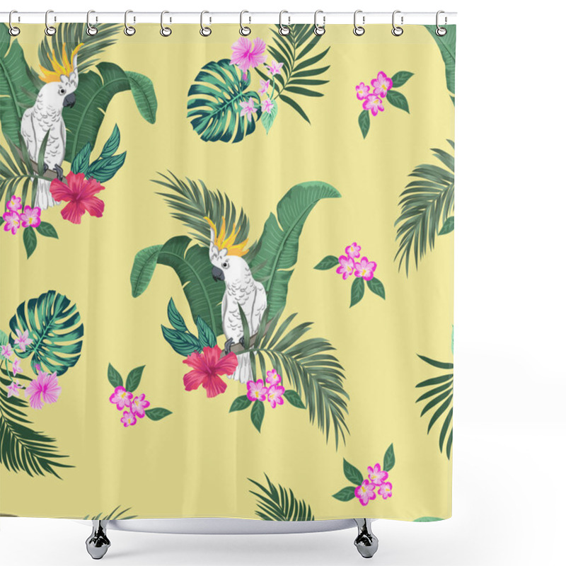 Personality  Vector Seamless Botanical Tropical Pattern With Parrots And Flowers. Floral Exotic Background Design With Banana Leaf, Areca Palm Leaves, Monstera Leaves, Hibiscus Flowers, Frangipani. Shower Curtains