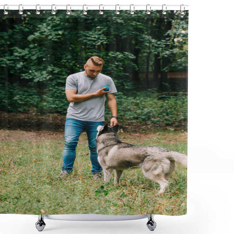 Personality  Handsome Man Playing Ball With Siberian Husky Dog In Park Shower Curtains