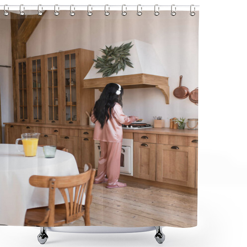 Personality  Young Asian Woman In Pink Silk Pajamas And Headphones Cooking Breakfast Near Table With Orange Juice In Kitchen Shower Curtains