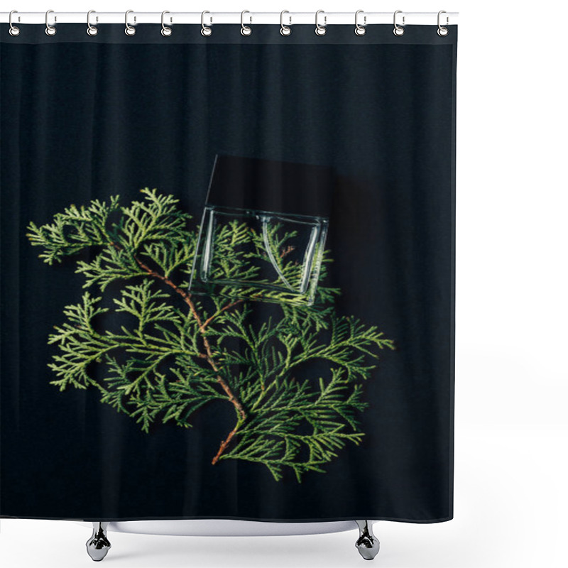 Personality  Top View Of Bottle Of Perfume Lying On Spruce Branch On Black Shower Curtains