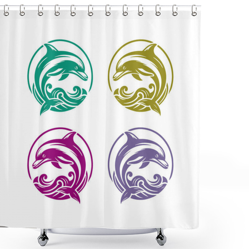 Personality  Dolphin Logos In Green, Yellow, Purple, And Blue With Tribal Wave Designs Shower Curtains