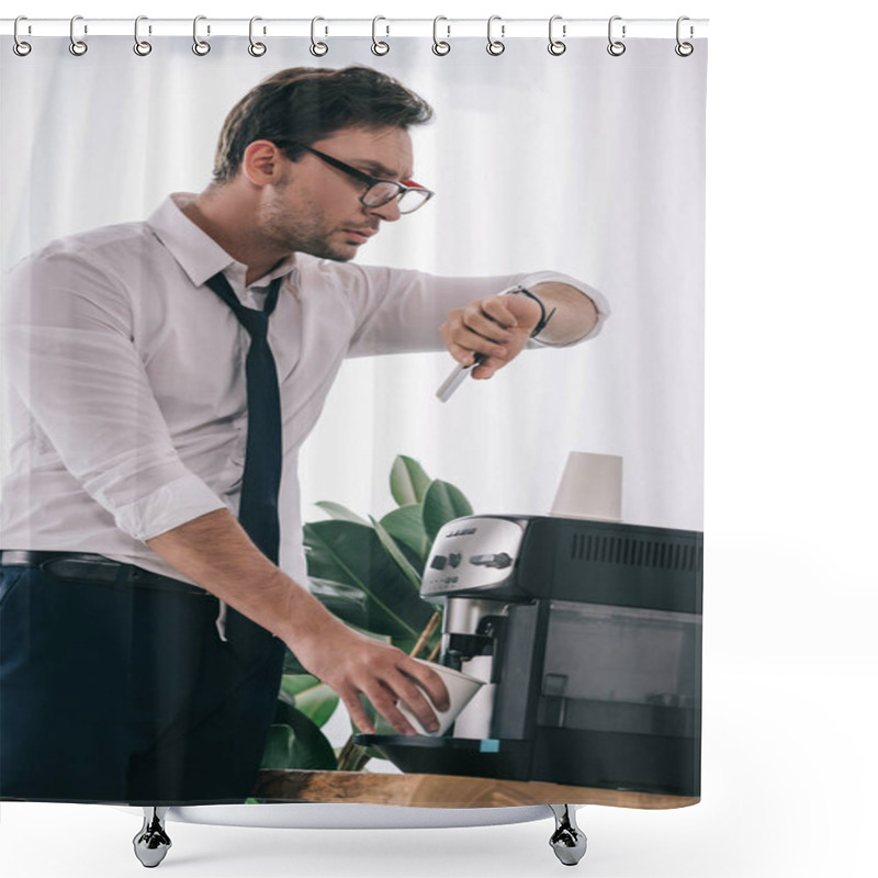 Personality  Businessman Pouring Coffee From Office Machine And Looking At Watch Shower Curtains