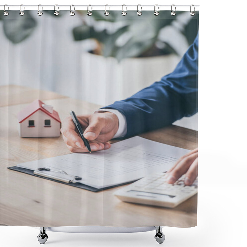 Personality  Cropped View Of Businessman Using Calculator And Writing In Contract Near House Model Shower Curtains