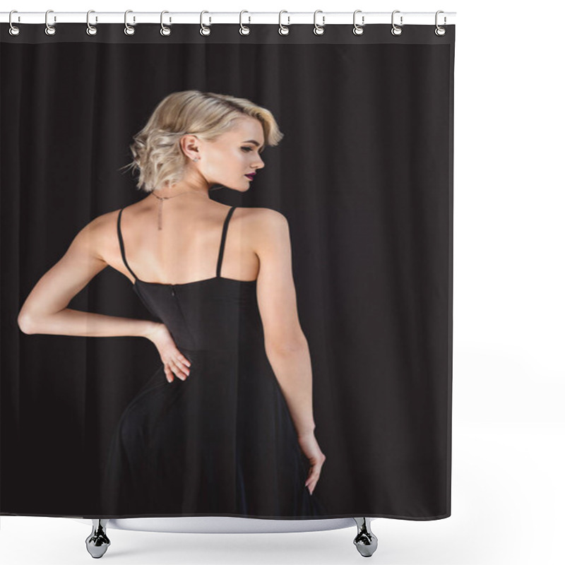 Personality  Back View Of Beautiful Girl Posing In Elegant Black Dress, Isolated On Black  Shower Curtains