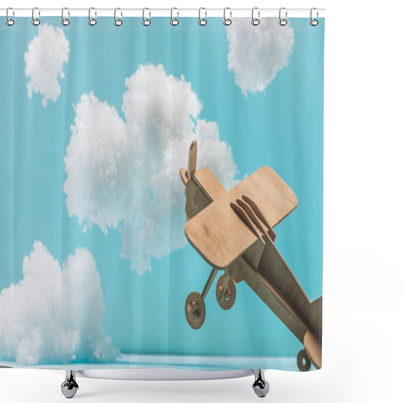 Personality  Wooden Toy Plane Flying Among White Fluffy Clouds Made Of Cotton Wool Isolated On Blue Shower Curtains