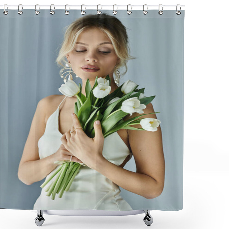 Personality  A Blonde Woman In A White Dress Delicately Holds A Bouquet Of Flowers, Exuding Elegance And Beauty. Shower Curtains