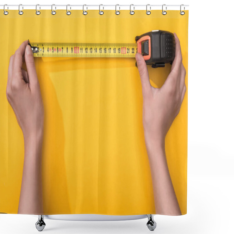 Personality  Top View Of Man Holding Industrial Measuring Tape On Yellow Background Shower Curtains