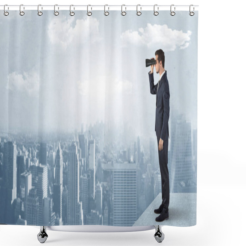 Personality  Man Looking Forward From The Top Of A Skyscraper Shower Curtains