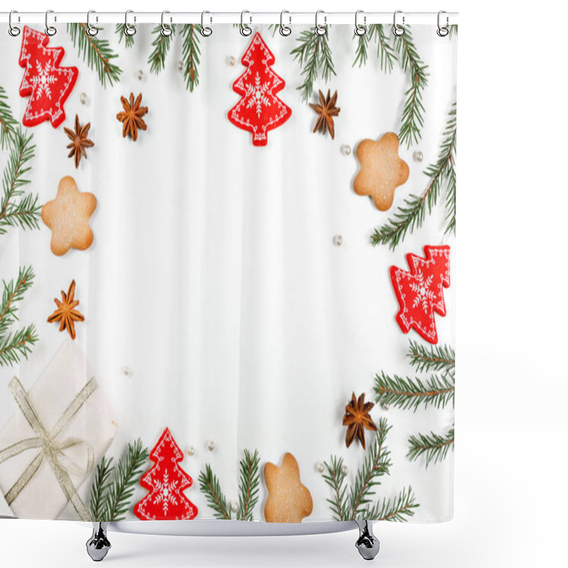 Personality  Christmas Frame Made Of Fir, Red Christmas Decorations, Star Anise And Gingerbread Cookies On A White Background. Copy Space. New Year's Attributes. Flat Lay. Shower Curtains