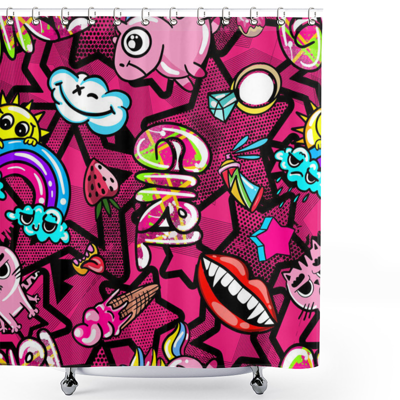 Personality  Hand Drawn Fashion Girls Pattern. Colourful Modern Teenagers Background With Graffiti Elements, Stickers. Girlish Print For Textile, Clothes, Wrapping Paper. Shower Curtains