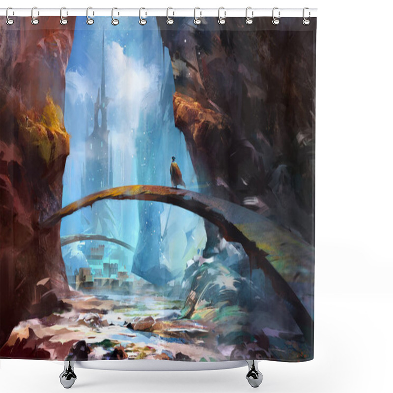 Personality  Painted Mountain Landscape With A Castle And A Traveler Shower Curtains