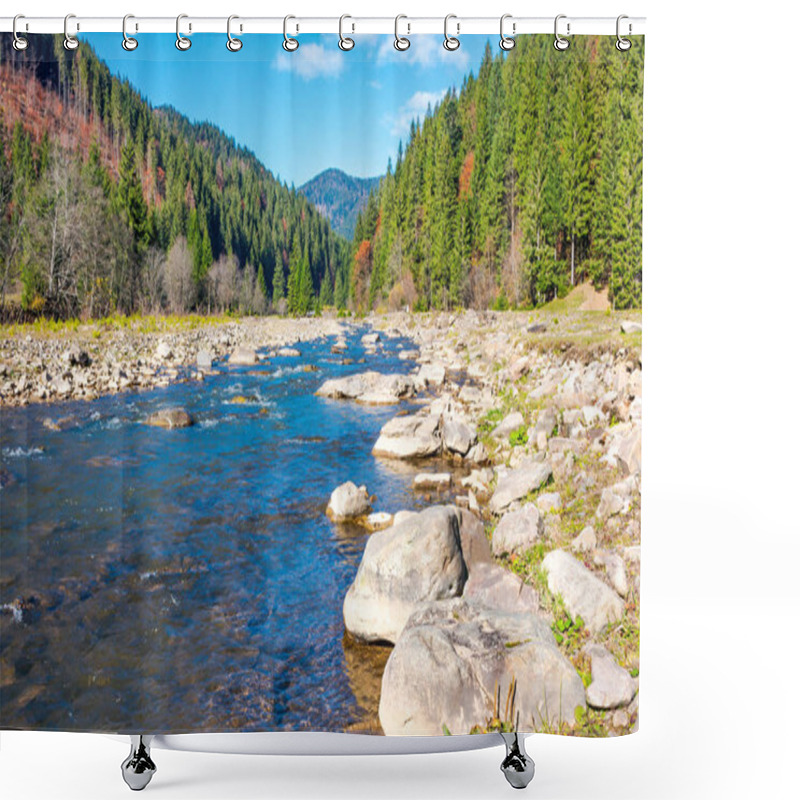 Personality  Wild Mountain River With Rocky Shore. Lovely Autumn Scenery Of Carpathian Nature Among The Ancient Forests Of Synevyr National Park Shower Curtains