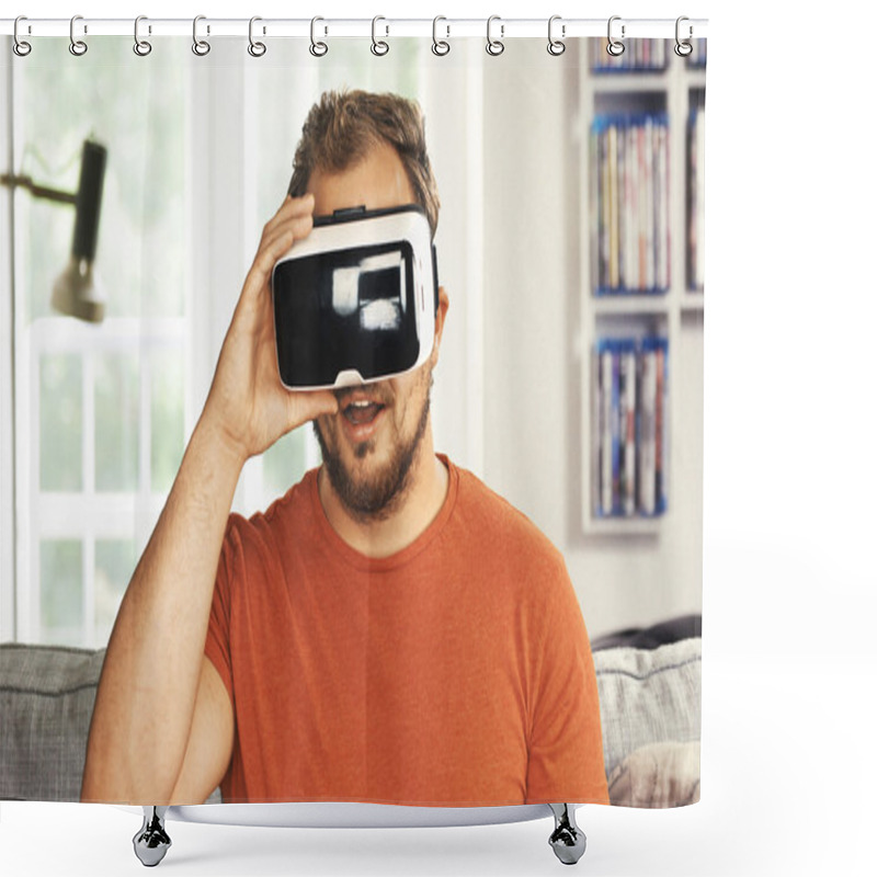 Personality  Young Man Wearing Virtual Reality Goggles. Shower Curtains