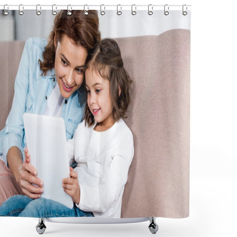 Personality  Smiling Mother And Daughter Sitting On Brown Sofa And Using Digital Tablet  Shower Curtains