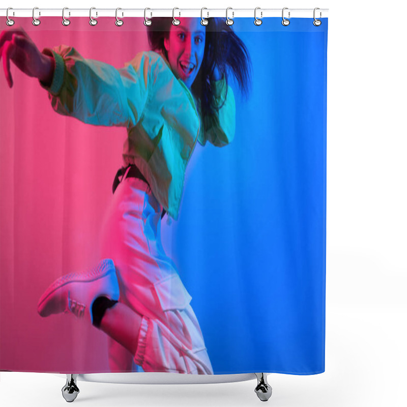 Personality  The Brunette Dances In Neon, The Dancer In Red-blue. Hip Hop Girl, Party, Smile. Model In Flight, Jumping. Bright Photo, Emotions. Shower Curtains