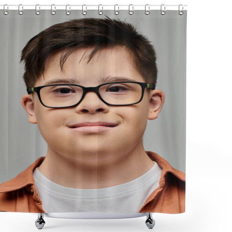 Personality  Charming Little Boy With Down Syndrome Smiling Warmly At The Camera Shower Curtains