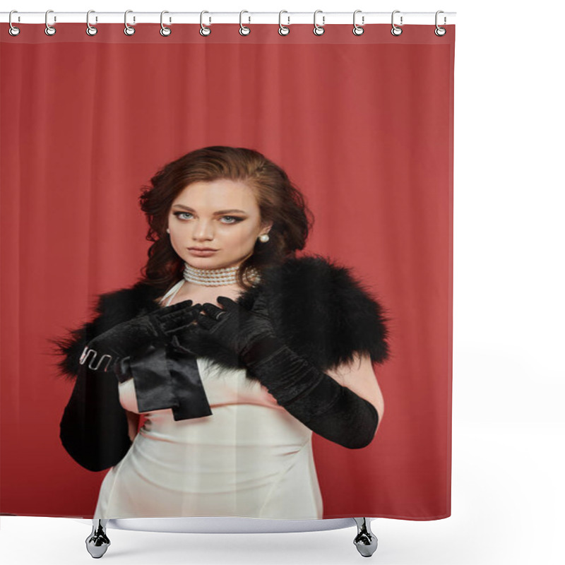 Personality  A Woman In Elegant Attire Captivates With Stylish Accessories And A Confident Stance. Shower Curtains