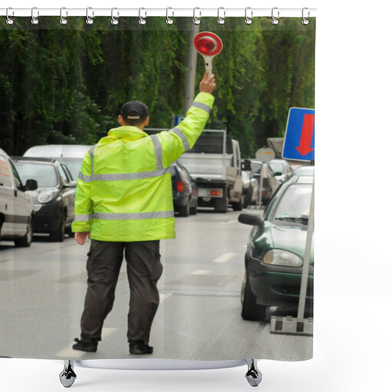 Personality  Traffic Controller In Security Vest Regulating Traffic On The Street Shower Curtains