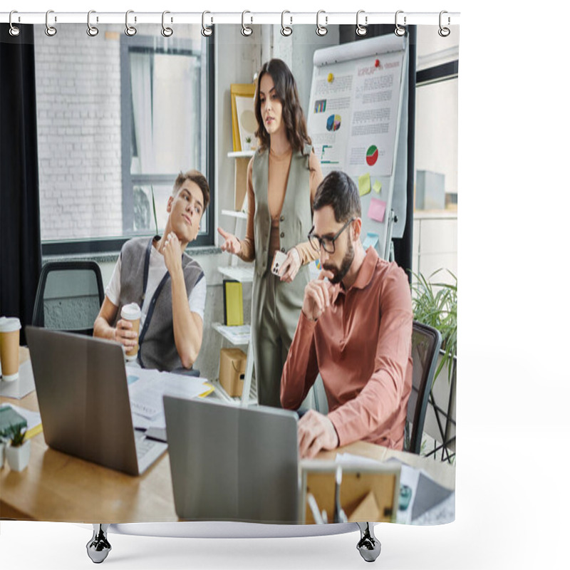 Personality  Professionals In Stylish Attire Converse Amidst A Challenging Situation At Work. Shower Curtains