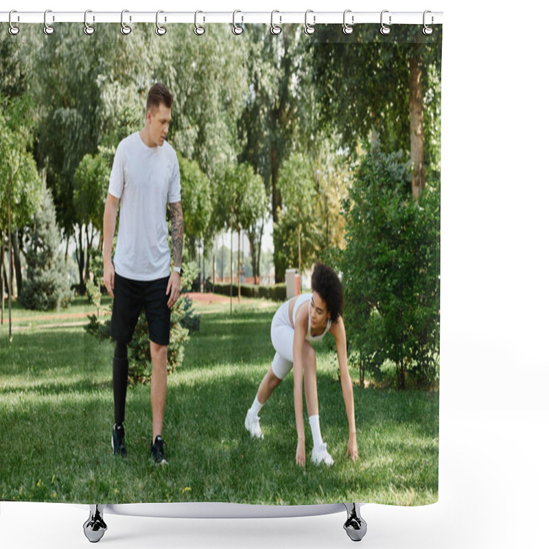 Personality  Two Friends Work Out In A Park, Showcasing Strength And Support Amidst A Backdrop Of Green. Shower Curtains