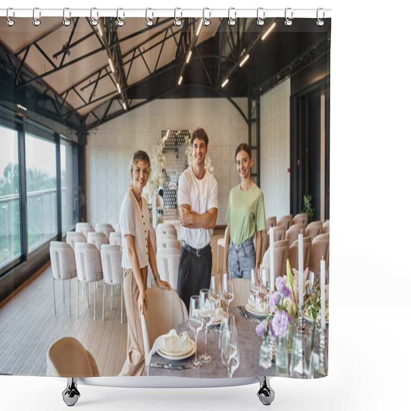 Personality  Happy Decorators Looking At Camera Near Table With Banquet Setting In Event Hall, Creative Teamwork Shower Curtains