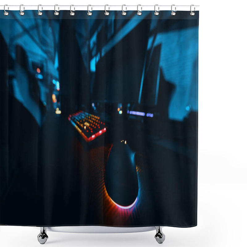 Personality  A Vibrant Gaming Keyboard And A Glowing Mouse Are Placed On A Desk In Low Light. Shower Curtains