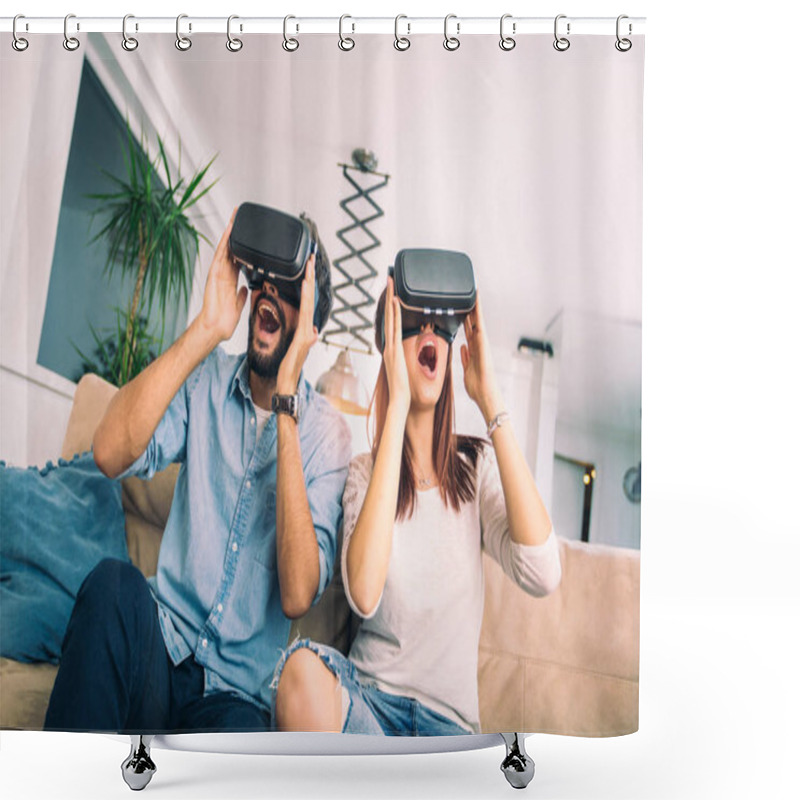 Personality  Young Man And Woman In Casual Clothes Wear The Virtual Reality Glasses Are Watching And Showing Imagine Via The VR Camera, Technology And Innovation Concept Shower Curtains