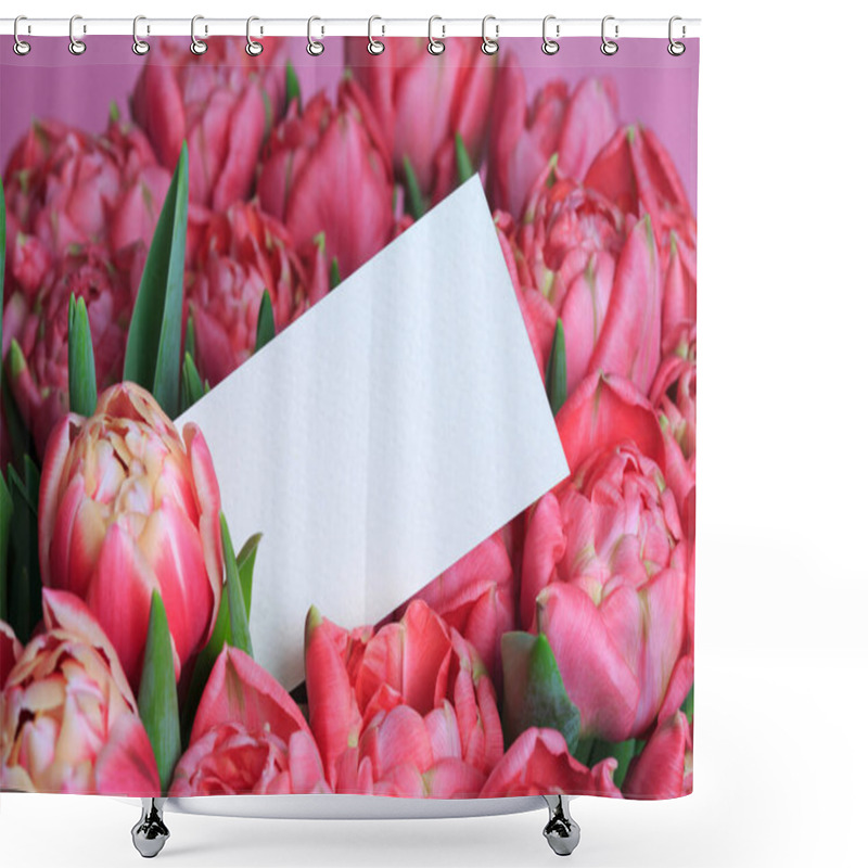 Personality  Blank Greeting Card On Pink Tulips Floral Wallpaper Background. Shower Curtains