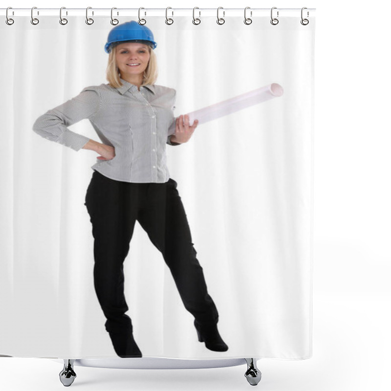 Personality  Architect Architect Standing Woman With Professional Plan Released In Front Of A White Background Shower Curtains