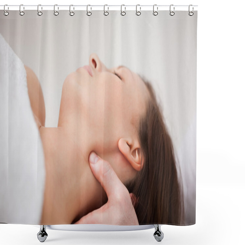 Personality  Close-up Of Physiotherapist Pressing His Thumb On The Neck Of A Shower Curtains