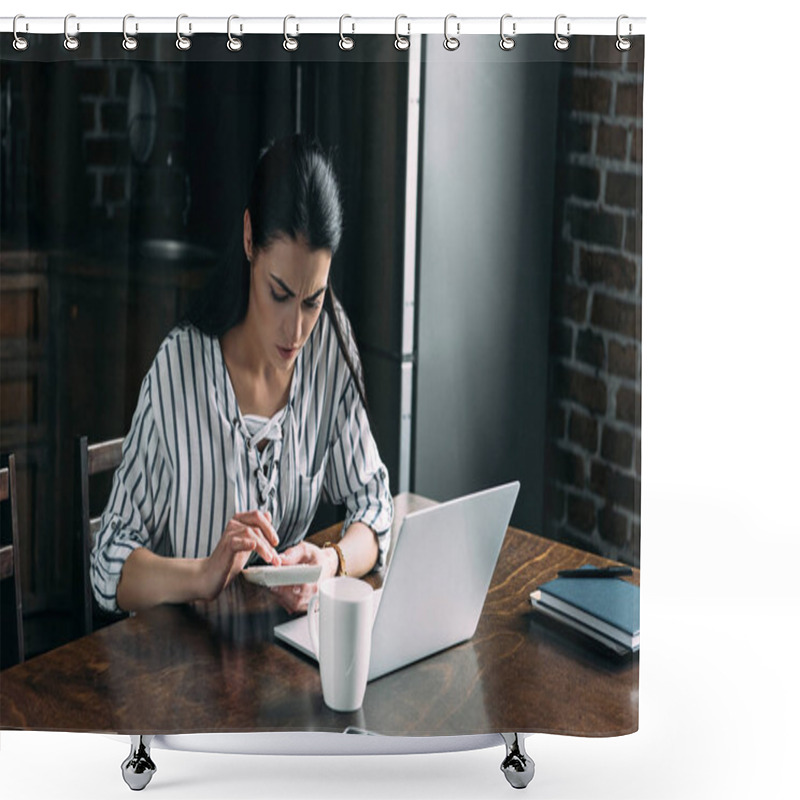 Personality  Young Woman With Calculator And Laptop Counting Tax At Home On Kitchen Shower Curtains