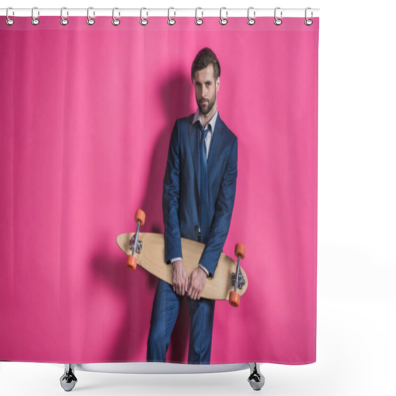 Personality  Man In Suit With Skateboard Shower Curtains