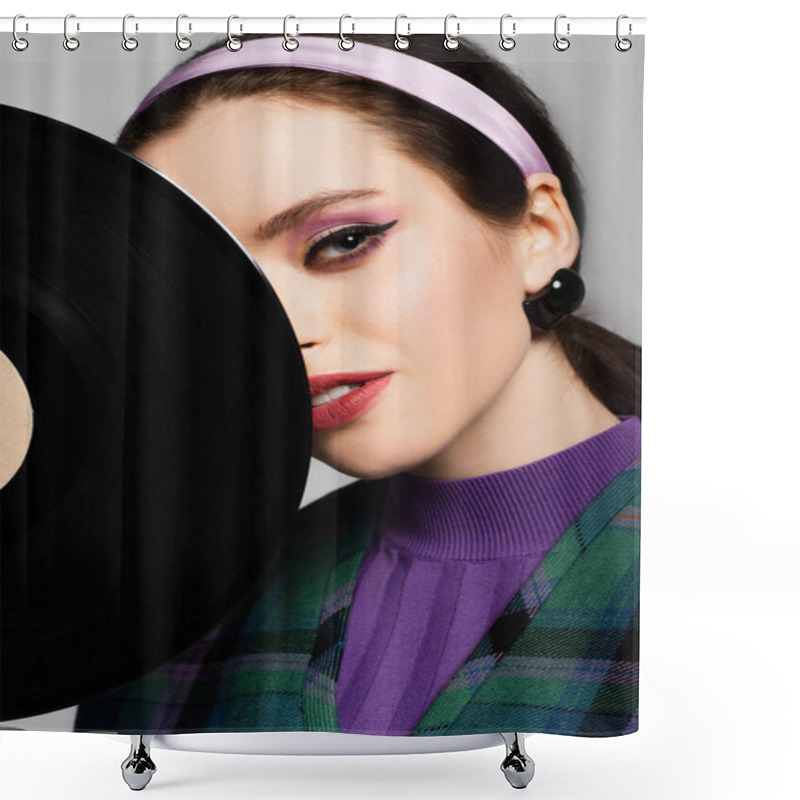 Personality  Young Woman In Headband Looking At Camera Near Retro Vinyl Disc Isolated On Grey Shower Curtains