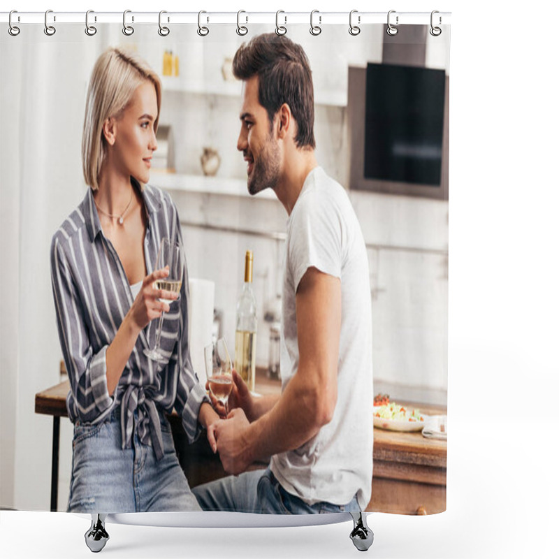 Personality  Handsome Boyfriend And Girlfriend Holding Wine Glasses And Hands Shower Curtains