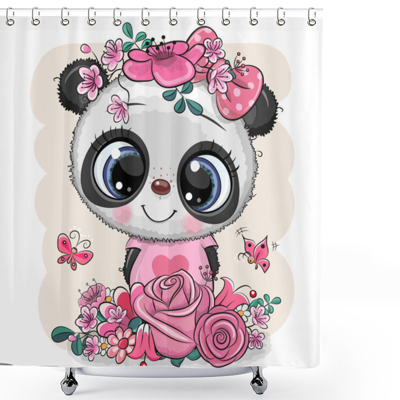 Personality  Cartoon Panda With Flowers On A White Background Shower Curtains