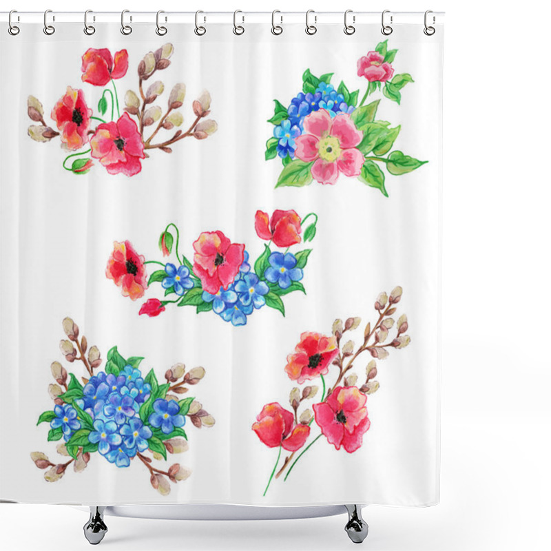 Personality  Set Of Poppy Flowers Elements Shower Curtains