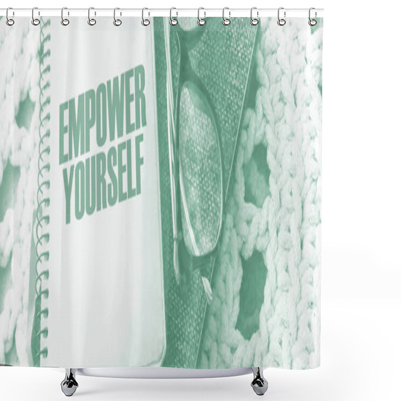 Personality  Empower Yourself Words On Book Cover With Eyeglasses And Pen. Business Motivation Concept.  Shower Curtains