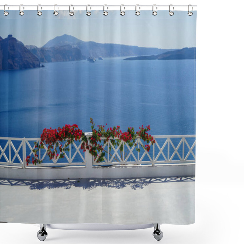 Personality  White Island Balcony With Dark Pink Red Bougainvillea Flower Foreground In Front Of Scenic Mediterranean Sea View And Caldera Mountain Background, Santorini Shower Curtains