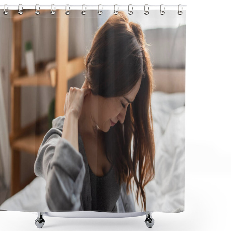 Personality  Selective Focus Of Upset Brunette Woman Suffering From Neck Pain In Bedroom Shower Curtains