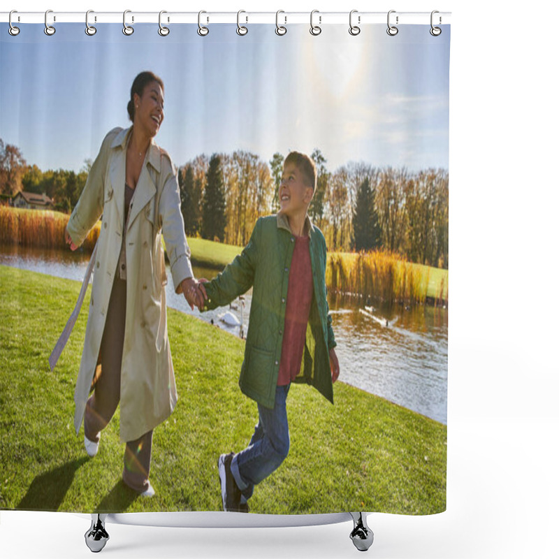 Personality  Happy Childhood, African American Woman Running With Son Near Pond, Outerwear, Autumn, Fall Season Shower Curtains