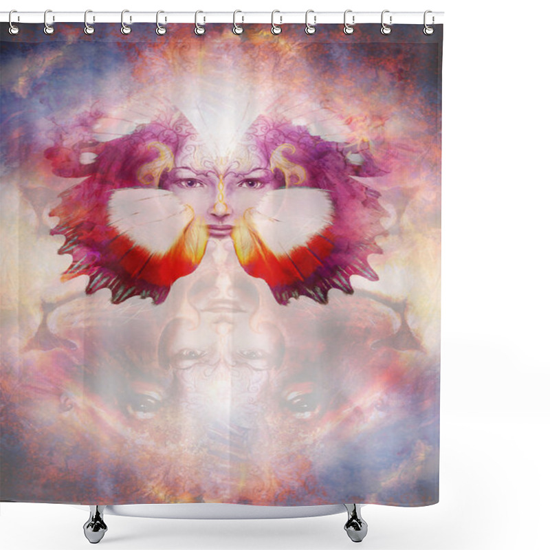 Personality  Painting Mighty Lion Head On Ornamental Background And Mystic Woman Face With Butterfly Wings, Computer Collage. Shower Curtains