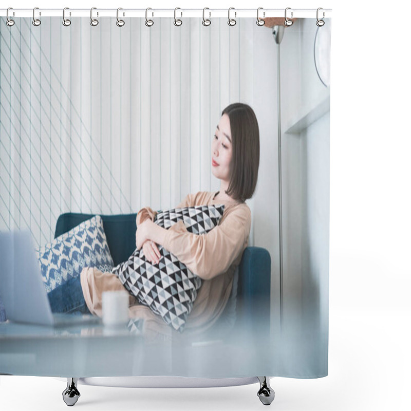 Personality  Asian Young Woman Relaxing Sitting On Sofa In Living Room Shower Curtains