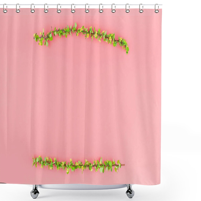 Personality  Creative Flat Lay Concept Top View Of Spring Blossoming Barberry Branch With Green Leaves, Barbs And Yellow Flowers On Pastel Color Paper Background With Copy Space In Minimal Style, Template Frame Shower Curtains