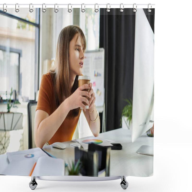 Personality  Concentrated Young Non Binary Person Holds A Coffee While Engaging With A Computer Screen. Shower Curtains