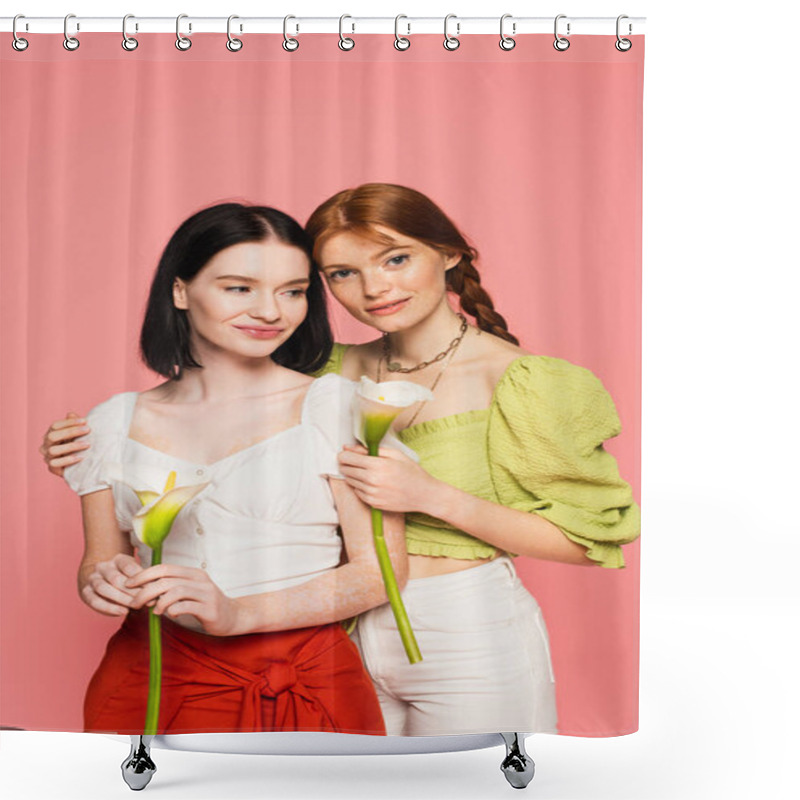 Personality  Freckled Woman Holding Calla Lily Near Stylish Friend With Vitiligo Isolated On Pink  Shower Curtains